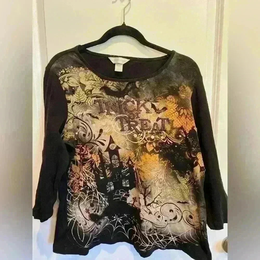 CJ Banks Halloween Shirt Trick or Treat Black Cat Pumpkins Spider Webs Size LG